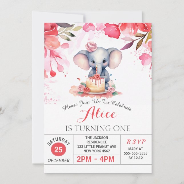 Rosa Blommigt Ro Elephant Födelsedagsfest Inbjudningar (Framsida)