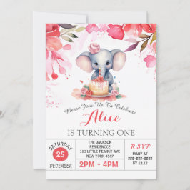 Rosa Blommigt Ro Elephant Födelsedagsfest Inbjudningar