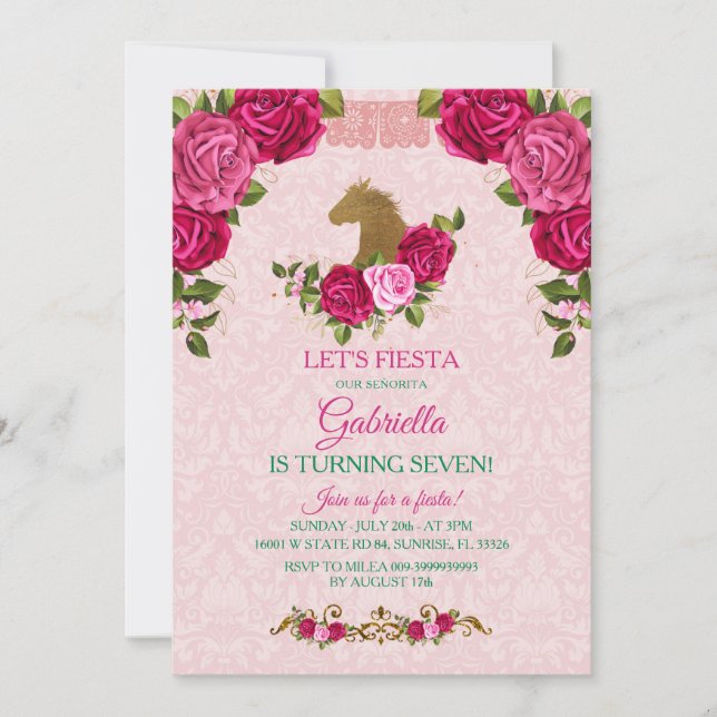 Rosa Blommigt Ro Girl Turing Seven Birthday Inbjudningar (Framsida)