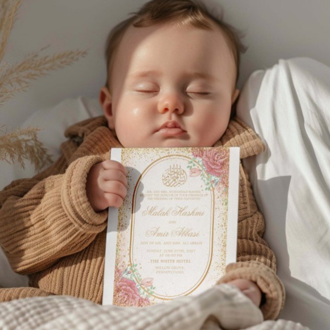 Rosa Blommigt & Ro Gliter islamisk muslimsk bröllo Inbjudningar (Skapare uppladdad)