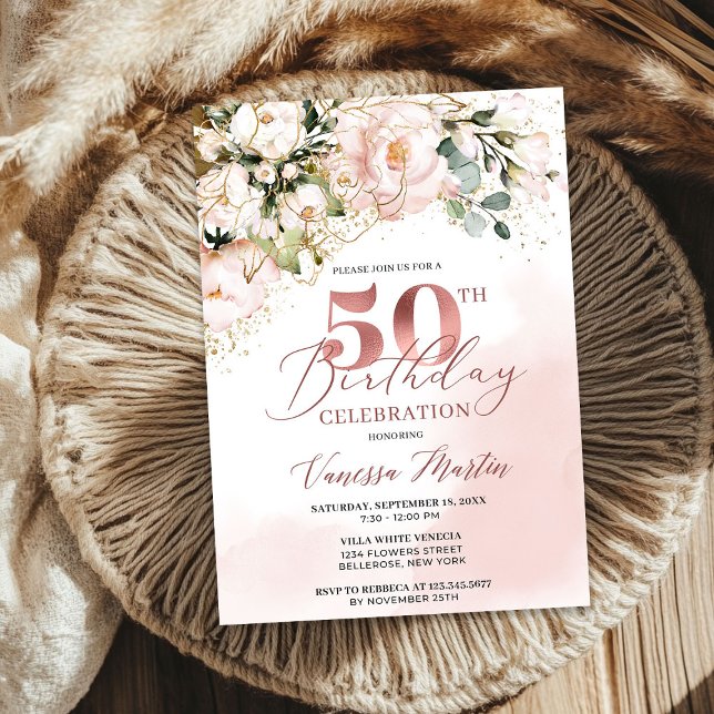  rosa blommigt ro guld boho 50-årsdagen inbjudningar (Blush pink floral rose gold boho 50th birthday invitation)