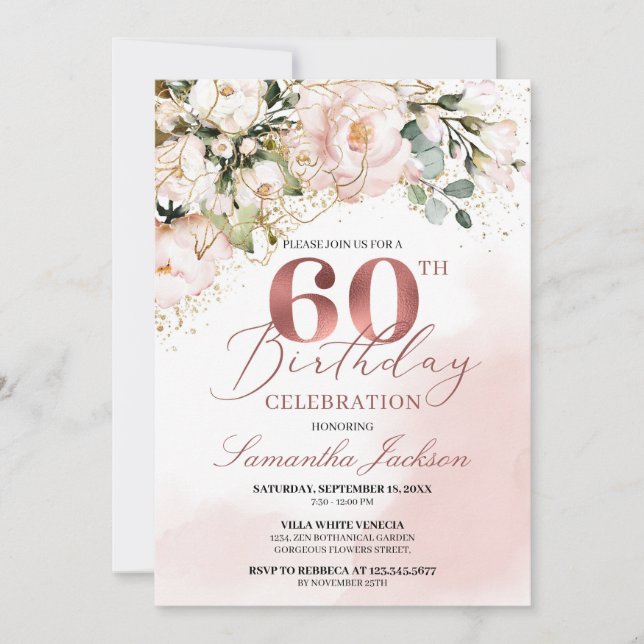  rosa blommigt ro guld boho 60-årsdagen inbjudningar (Framsida)