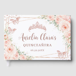  Rosa Blommigt Ro Guld Butterfly Quinceanera Gästböcker