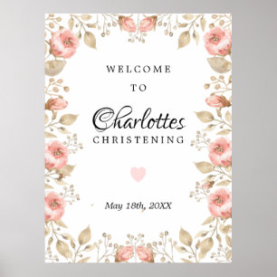 Rosa Blommigt Ro Guld Christening Välkomstskylt Poster