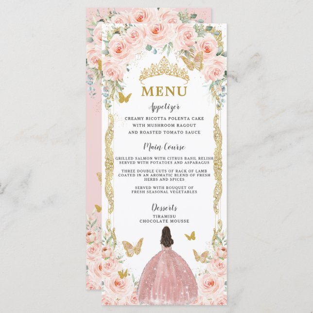  Rosa Blommigt Ro Guld Dress Quinceañera Menu Program (Fram/baksida)
