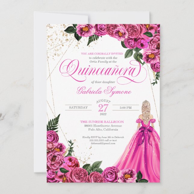 Rosa Blommigt Ro & Guld Elegant Gown Quinceañera I Inbjudningar (Framsida)