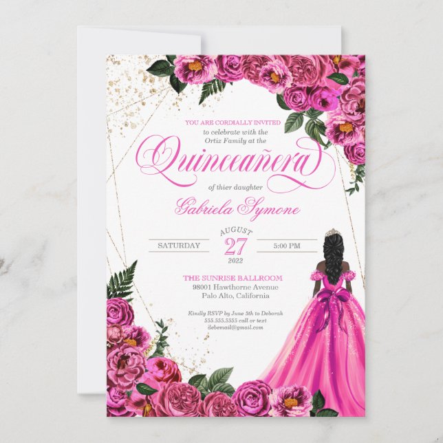 Rosa Blommigt Ro & Guld Elegant Gown Quinceañera Inbjudningar (Framsida)