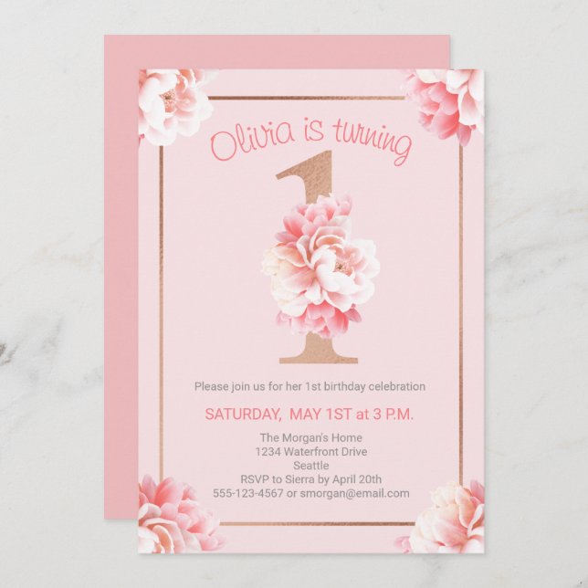 Rosa Blommigt Ro Guld Flickans första Födelsedagsf Inbjudningar (Fram/baksida)