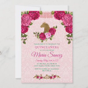 Rosa Blommigt Ro & Guld Horse Quinceanera Birthday Inbjudningar