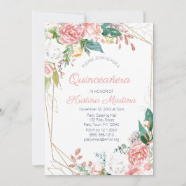 Rosa Blommigt Ro Guld Quinceañera födelsedag Inbjudningar