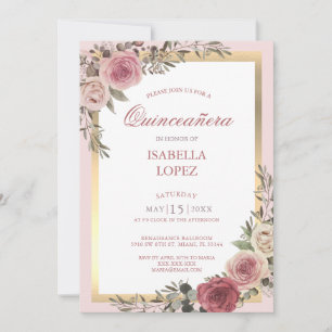 Rosa Blommigt Ro Guld Quinceañera-inbjudan Inbjudningar