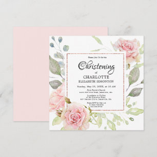 Rosa Blommigt Ro Guld Square Christening Inbjudningar
