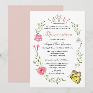 Rosa Blommigt Ro guld Tiara Quinceanera Inbjudningar