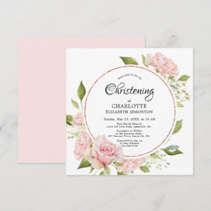 Rosa Blommigt Ro Guld Watercolor Christening Inbjudningar
