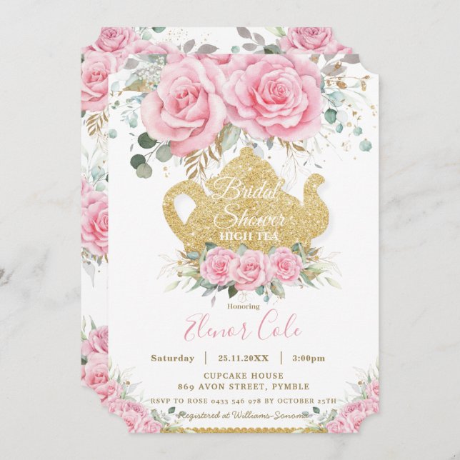 Rosa Blommigt Ro Möhippa High Tea Party Inbjudningar (Fram/baksida)