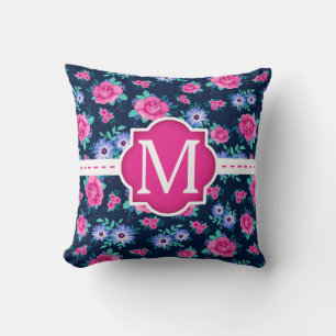 Rosa Blommigt Ro Mönster Anpassningsbar Monogram Kudde