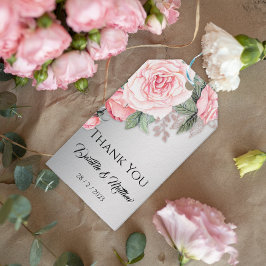 Rosa Blommigt Ro och Elegant Silver Tack Presentetikett