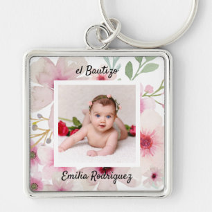 Rosa Blommigt Ro PHOTO BAUTIZO Baptism Girls namng Fyrkantig Silverfärgad Nyckelring