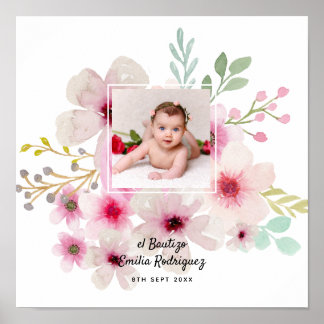 Rosa Blommigt Ro PHOTO BAUTIZO Baptism Girls namng Poster