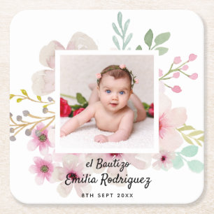 Rosa Blommigt Ro PHOTO BAUTIZO Baptism Girls namng Underlägg Papper Kvadrat