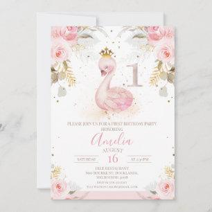 Rosa Blommigt Ro Princess Svan 1:a födelsedag Inbjudningar