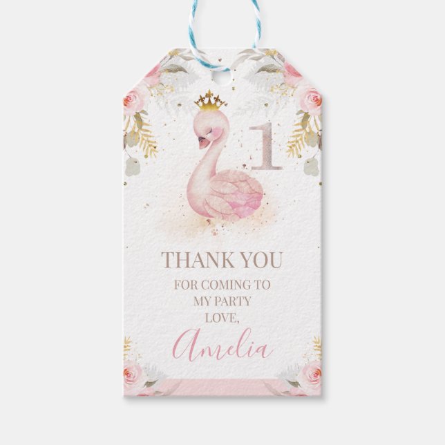 Rosa Blommigt Ro Princess Svan 1:a födelsedag Presentetikett (Framsidan)