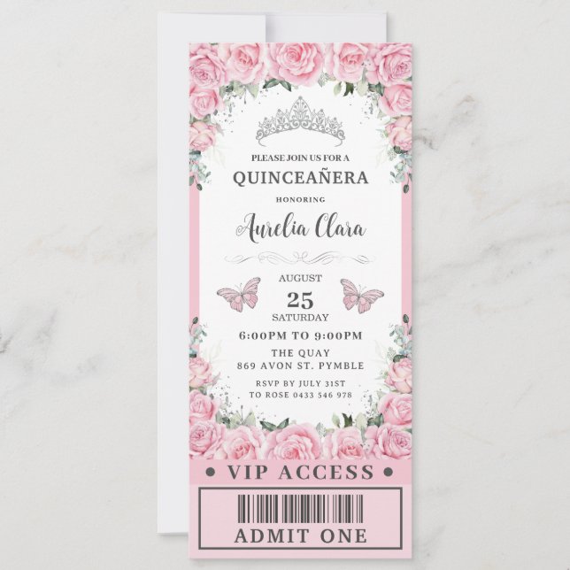 Rosa Blommigt Ro Quinceañera Sweet 16 VIP Biljett Inbjudningar (Framsida)