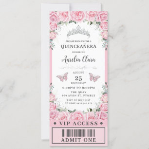 Rosa Blommigt Ro Quinceañera Sweet 16 VIP Biljett Inbjudningar