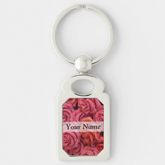 Rosa blommigt ro rektangulärt silverfärgad nyckelring (Framsidan)