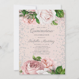 Rosa Blommigt Ro Silver Glitter Quinceañera Inbjudningar