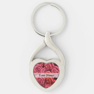 Rosa blommigt ro twisted heart silverfärgad nyckelring