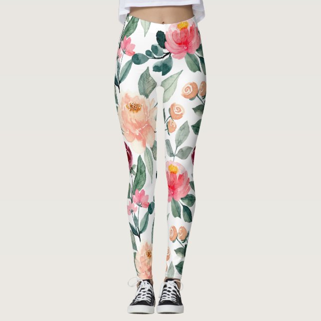  Rosa Blommigt Ro Watercolor Mönster Leggings (Framsida)