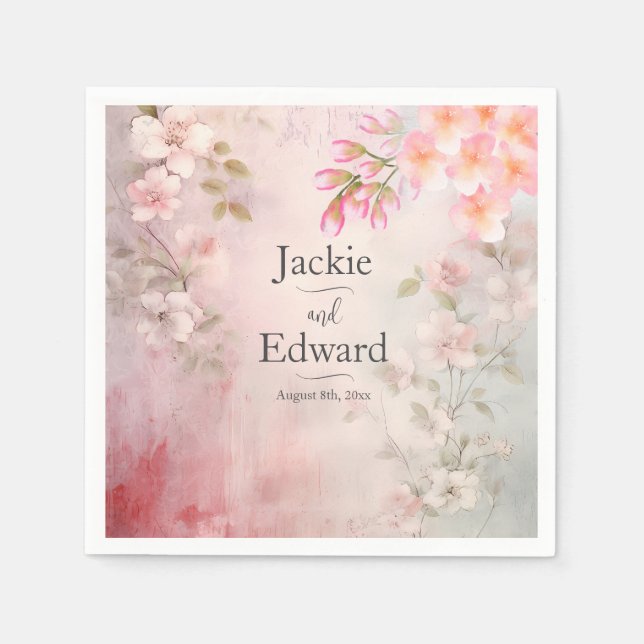Rosa Blommigt Romantic Bröllop Pappersservett (Framsidan)