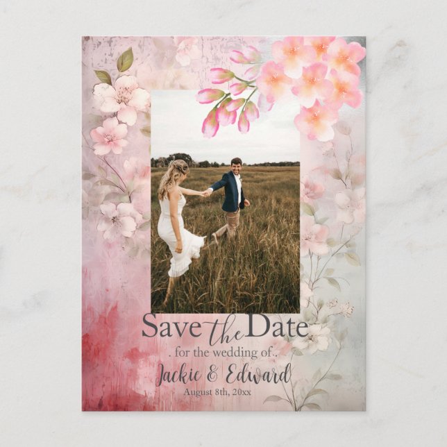 Rosa Blommigt Romantic Spara datumfoto Vykort (Framsida)