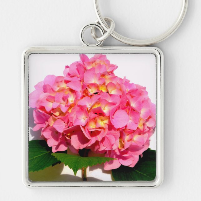 Rosa blommigt rosa av rosa  fyrkantig silverfärgad nyckelring (Framsidan)