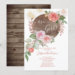 Rosa Blommigt Rustic Baby Shower Inbjudningar