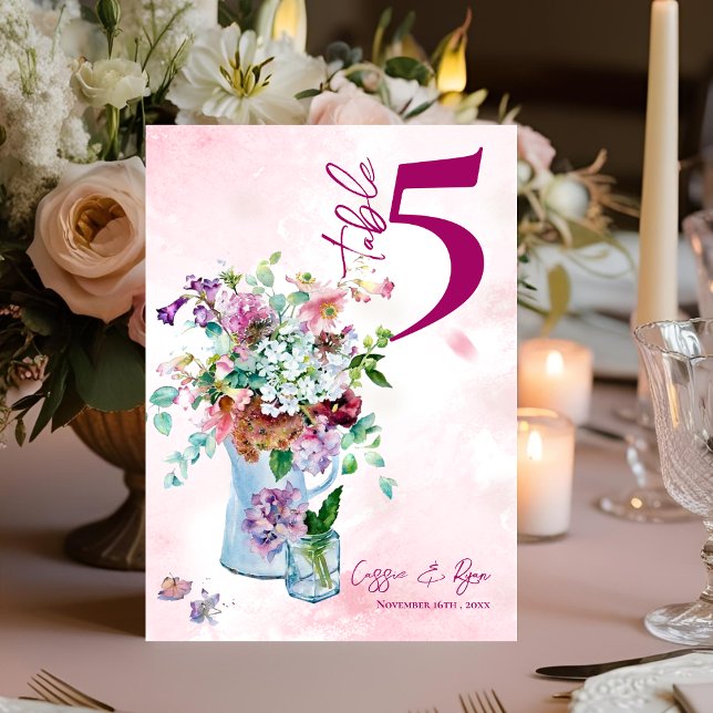 Rosa Blommigt Rustic Wildblomma Bröllop Bordsnumme Tack Kort (Pink Floral Rustic Wildflower Wedding Table Number)