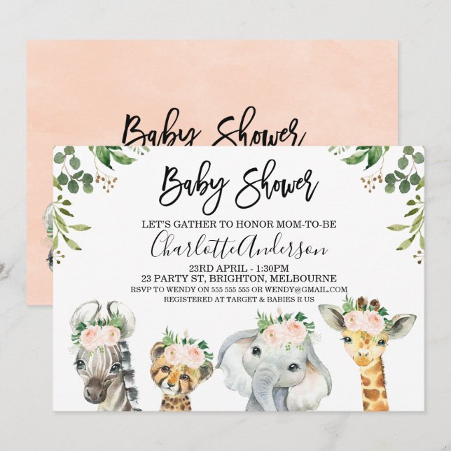 Rosa Blommigt Safari Animals Baby Shower-inbjudan Inbjudningar (Fram/baksida)