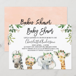 Rosa Blommigt Safari Animals Baby Shower-inbjudan Inbjudningar