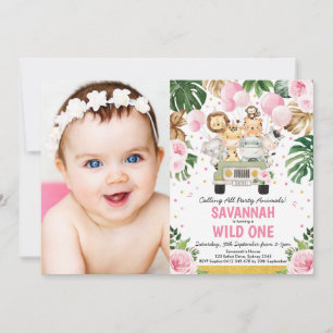 Rosa Blommigt Safari Animals Vild En flicka på föd Inbjudningar