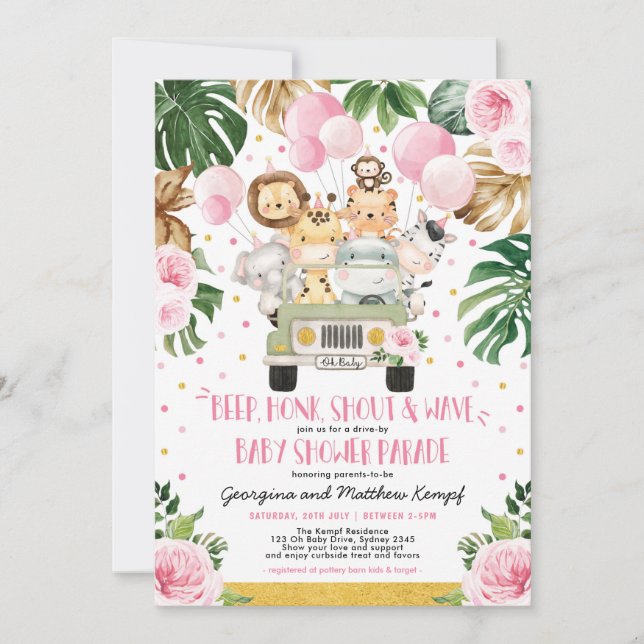 Rosa Blommigt Safari Drive by Baby Shower Parad Inbjudningar (Framsida)