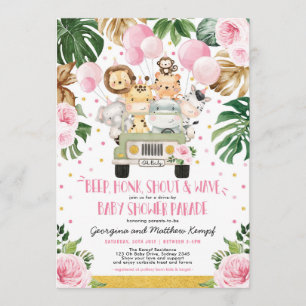 Rosa Blommigt Safari Drive by Baby Shower Parad Inbjudningar