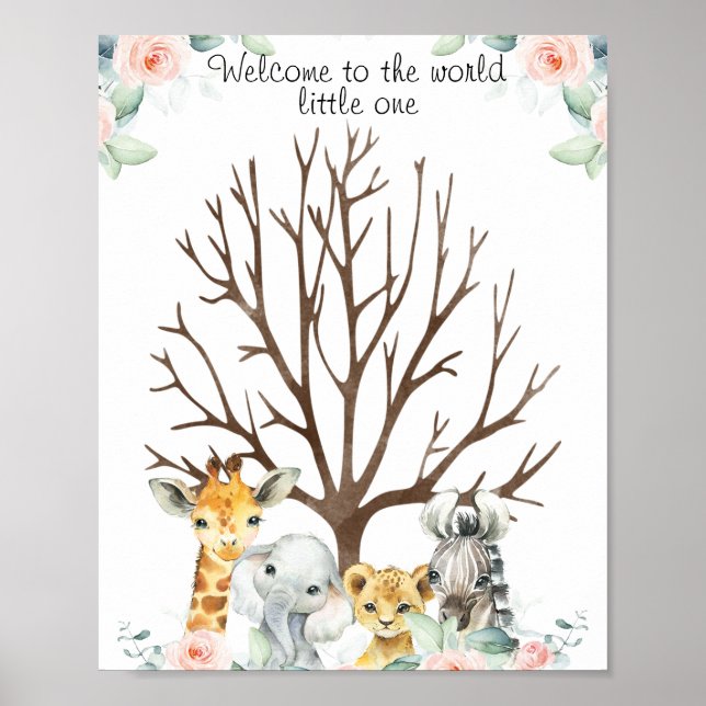 Rosa Blommigt Safari Fingerprint Guestbook Poster (Framsidan)