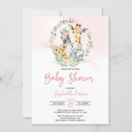 Rosa Blommigt Safari Jungle Animals Baby Shower Inbjudningar