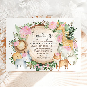  Rosa Blommigt Safari Jungle Vild Baby Shower Inbjudningar