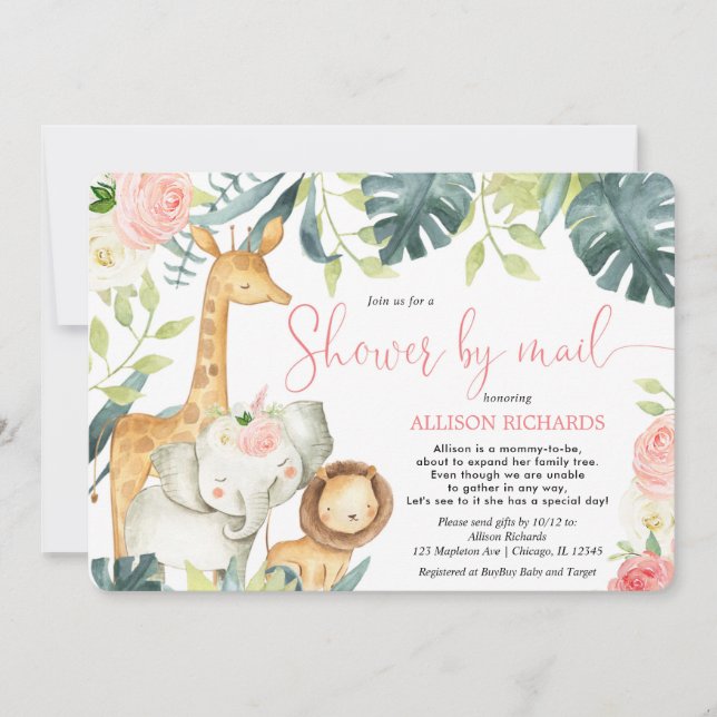 Rosa blommigt safari Shower by mail girl baby dusc Inbjudningar (Framsida)