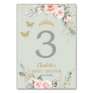 Rosa Blommigt Sage Grönt Butterflies Sweet 16 Bordsnummer