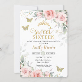 Rosa Blommigt Sage Grönt Butterflies Sweet sixteen Inbjudningar