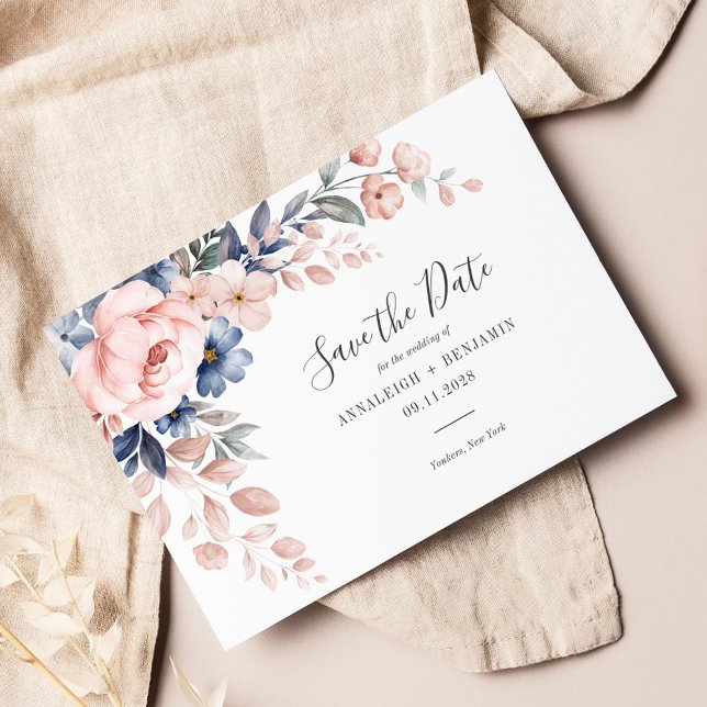 Rosa Blommigt Script Greenery Modern Bröllop Spara Datumet (Pink Floral Script Watecolor Wedding Save the Date Announcement)