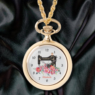 Rosa Blommigt Sewing Maskin Necklace Watch Armbandsur